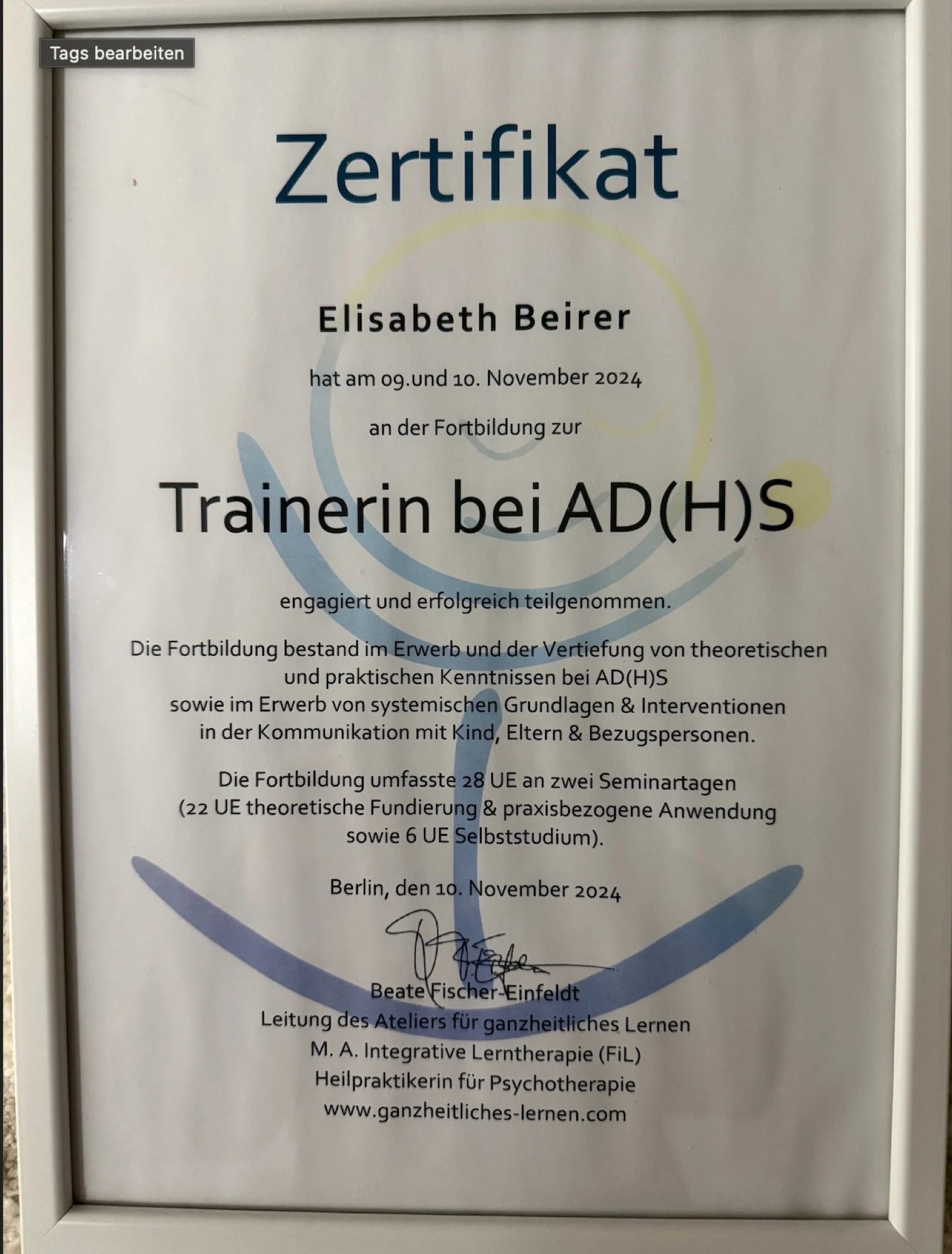 Zertifikat Trainerin bei AD(H)S